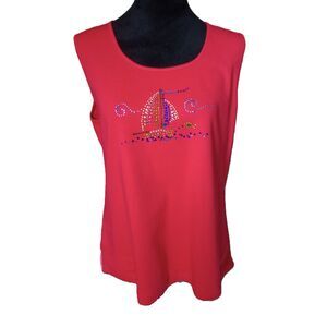 Quacker Factory Women's L Red Tank Top with Colorful Rhinestones Sailboat